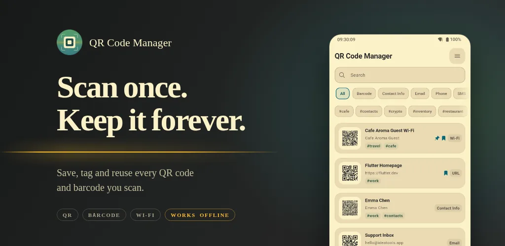 QR Code Manager — scan once, keep it forever: a library of named, tagged codes rather than a scan history